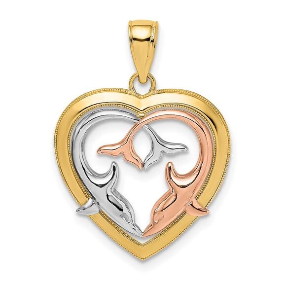 14k Yellow Gold Two-Tone w/White Rhodium Dolphins In Heart Frame Charm